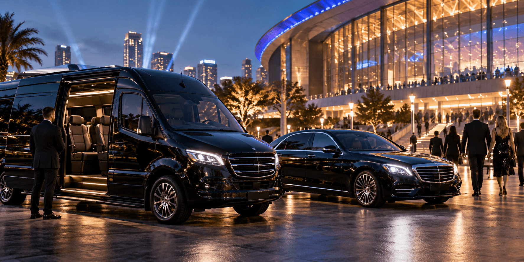 Fleet of vehicles in front of a fancy building